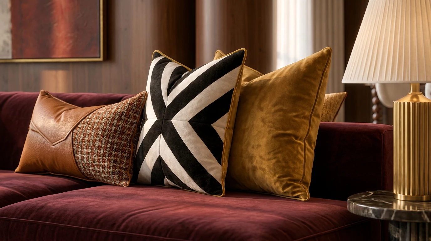 Velvet, leather and check cushions on the oxblood sofa
