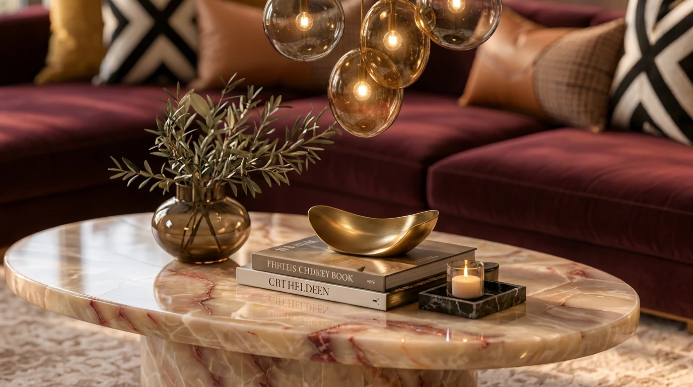 Low oval table in beige onyx with wine red veining