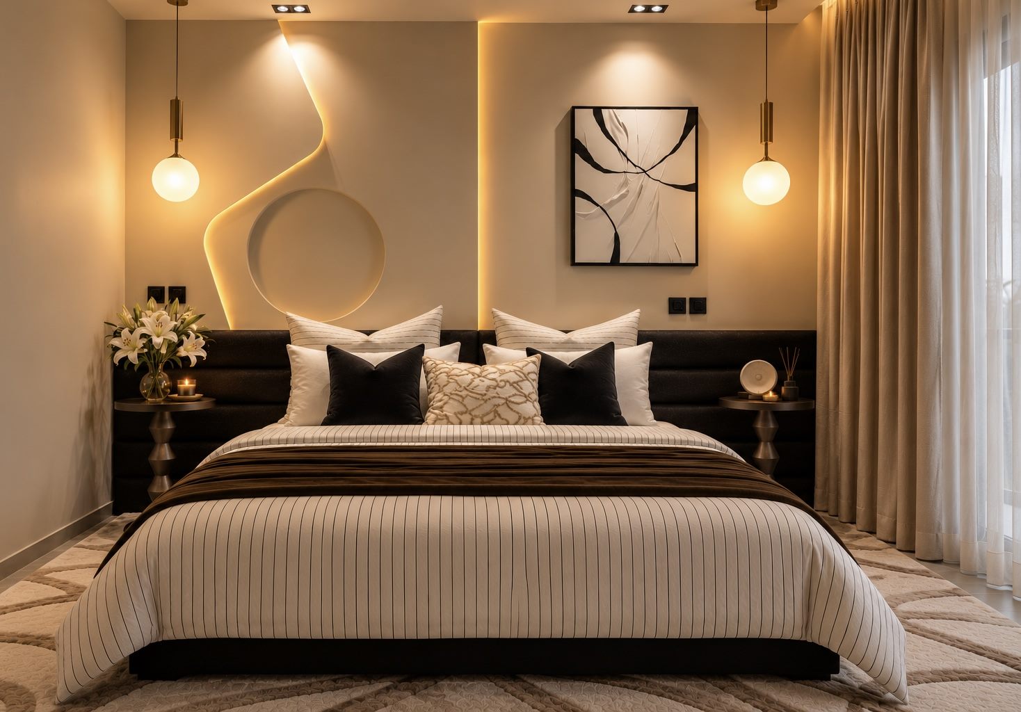 BiBi guest bedroom with a black headboard, a curved line of light and brass globe pendants