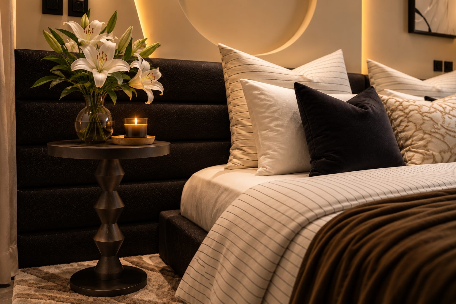 Black turned side table with lilies and a candle beside the guest bed