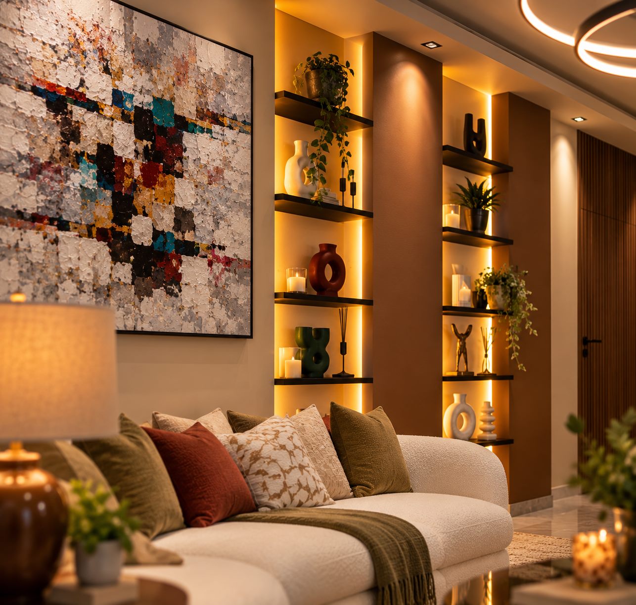 Abstract painting beside backlit walnut shelves above the sofa