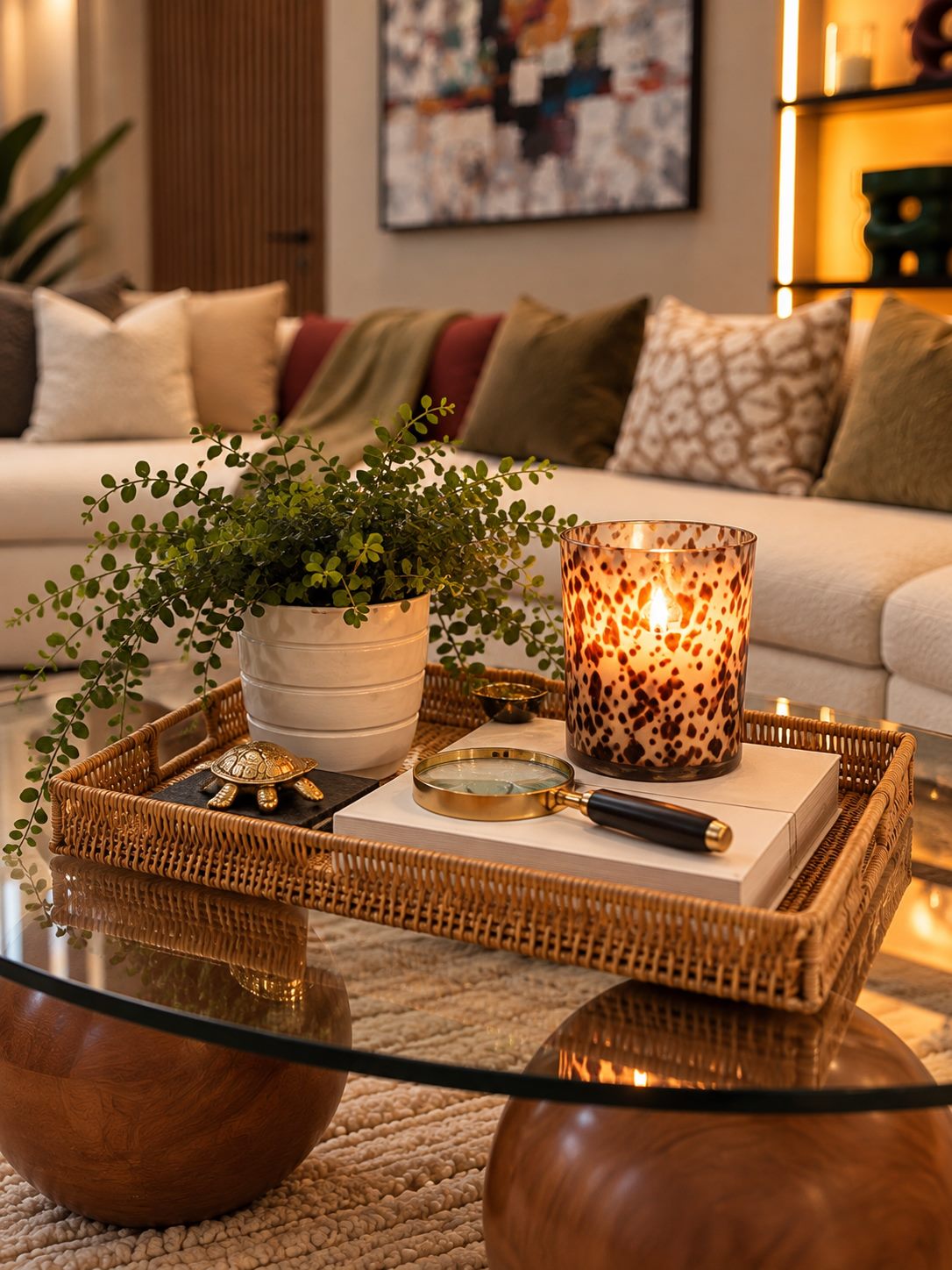 Rattan tray with a candle and a plant on the glass coffee table