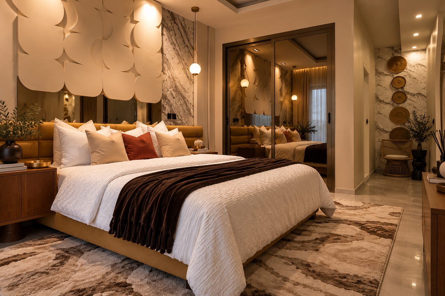 The BiBi master bedroom: a sculpted white panel on a veined marble wall, a cognac headboard and white bedding with a chocolate throw