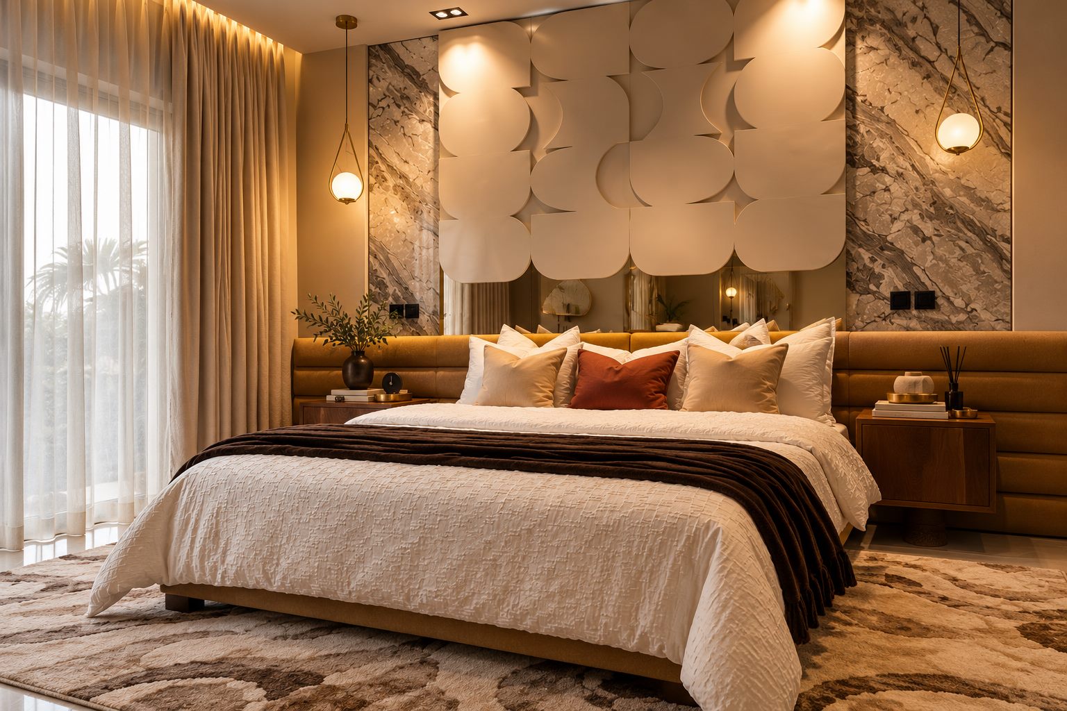 The bed wall in the master bedroom: marble, a sculpted white panel and a cognac headboard