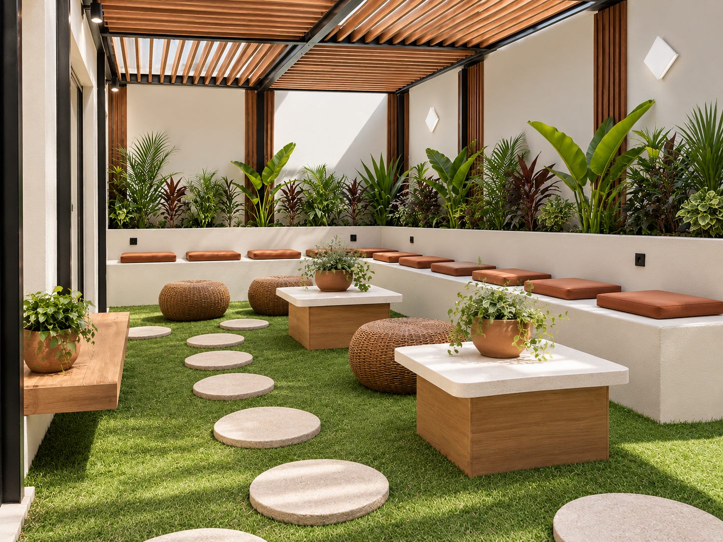 BiBi terrace garden with a timber pergola, built in benches and stepping stones across the grass