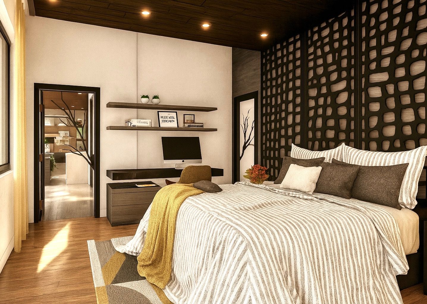 Guest bedroom desk wall with floating shelves