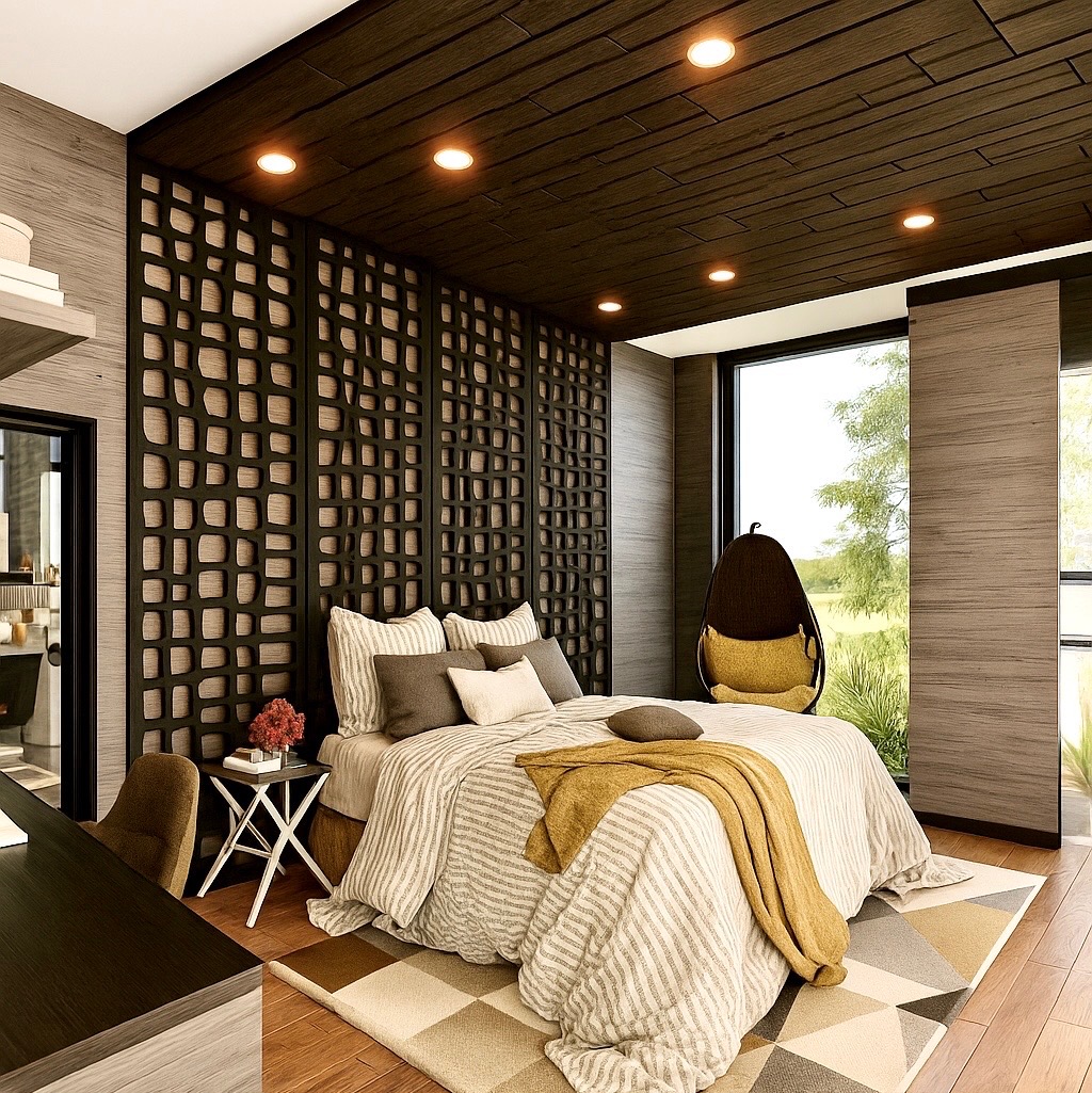 Bedroom with a carved dark timber lattice wall, plank ceiling and hanging egg chair