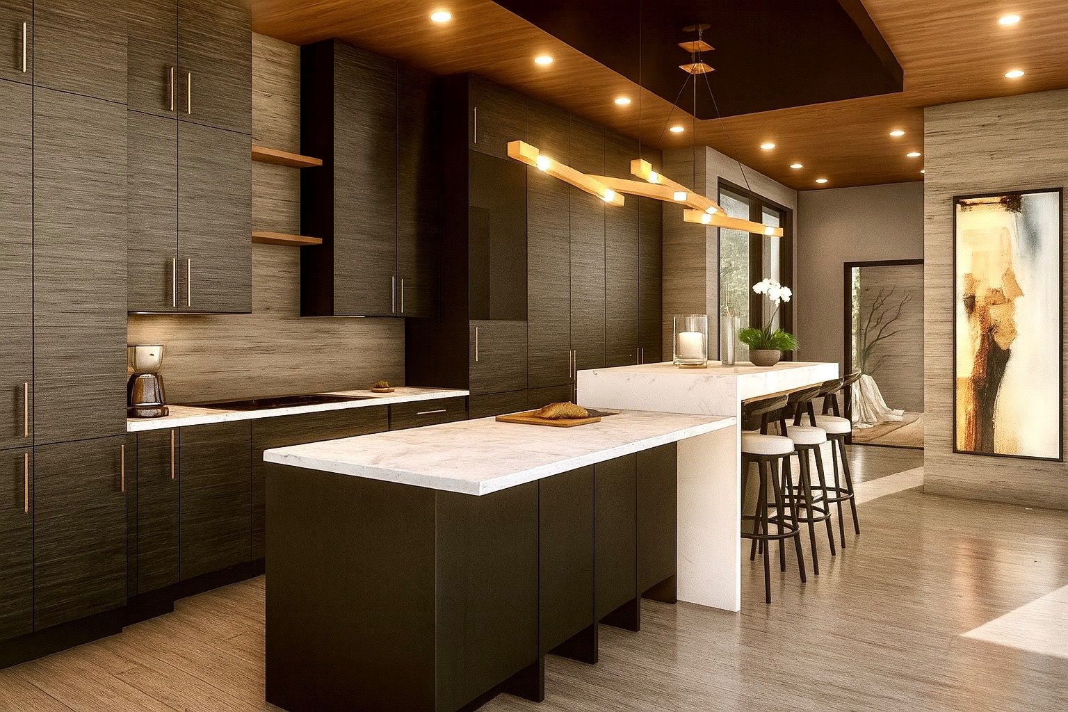 Kitchen with textured ebony cabinetry, a white marble island and an oak beam pendant