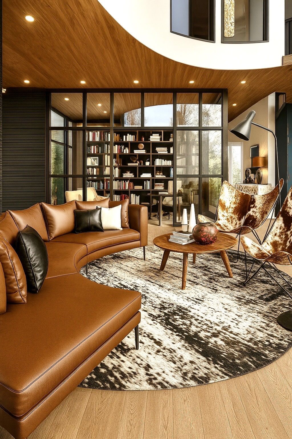 Residence Kosnia living room, with the glass walled study behind the cognac leather sofa