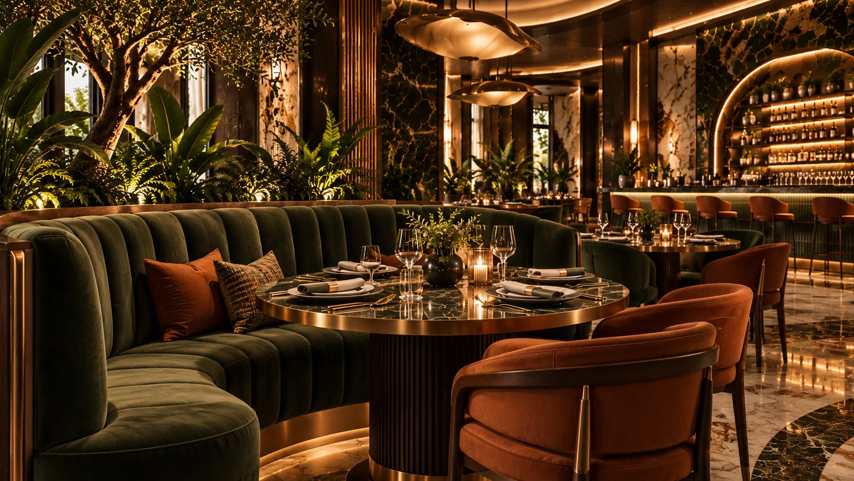 Curved channel tufted forest velvet booth around a green marble table with a brass rim and a fluted walnut base